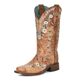 Corral Boots Ld Cognac Overlay & Embroidery & Studs Sq Toe - C3966