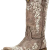 Corral Boots Corral Big Girl's Square Toe Embroidery Cowgirl Boots - Brown