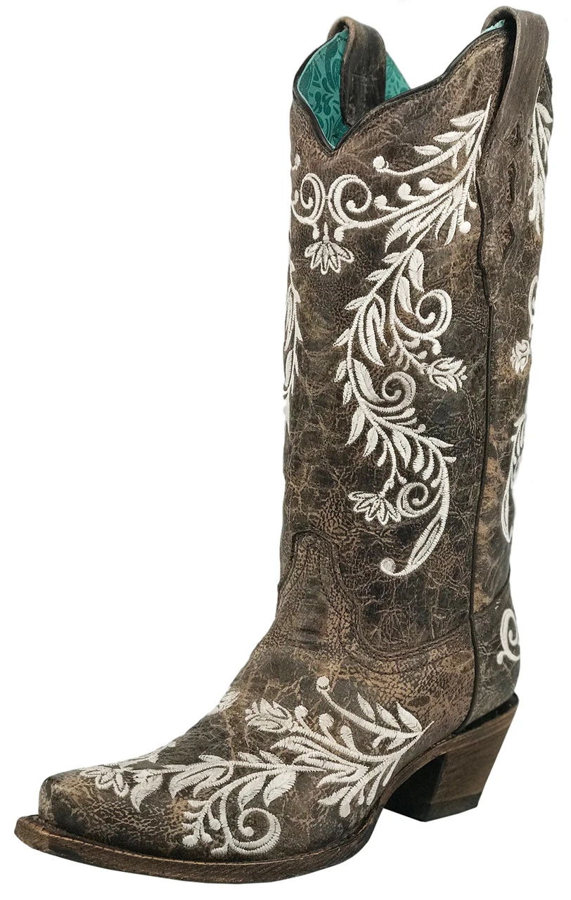Corral Boots Women's Corral Glow In The Dark Floral Embroidery Cowgirl Boots - Brown/White 3 Corral Boots Women's Corral Glow In The Dark Floral Embroidery Cowgirl Boots - Brown/White