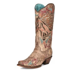 Corral Boots Ld Brown Horse Inlay & Embroidery Sq Toe - A4371