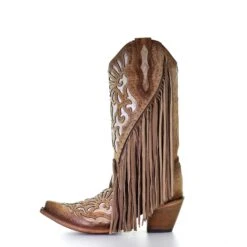Corral Boots Corral Ladies Saddle Brown Lamb Inlay Embroidery & Fringe Boots C3766 -Corral Boots Store C3766 ALTA07