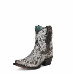 Corral Boots Lds Black White Embr. & Crystals Ankle Boot - C3923