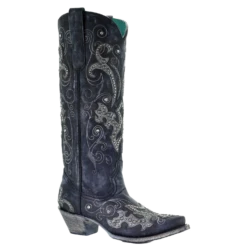 Corral Boots Corral Ladies Black Overlay Emroidery Stud & Crystals Tall Boots A3637