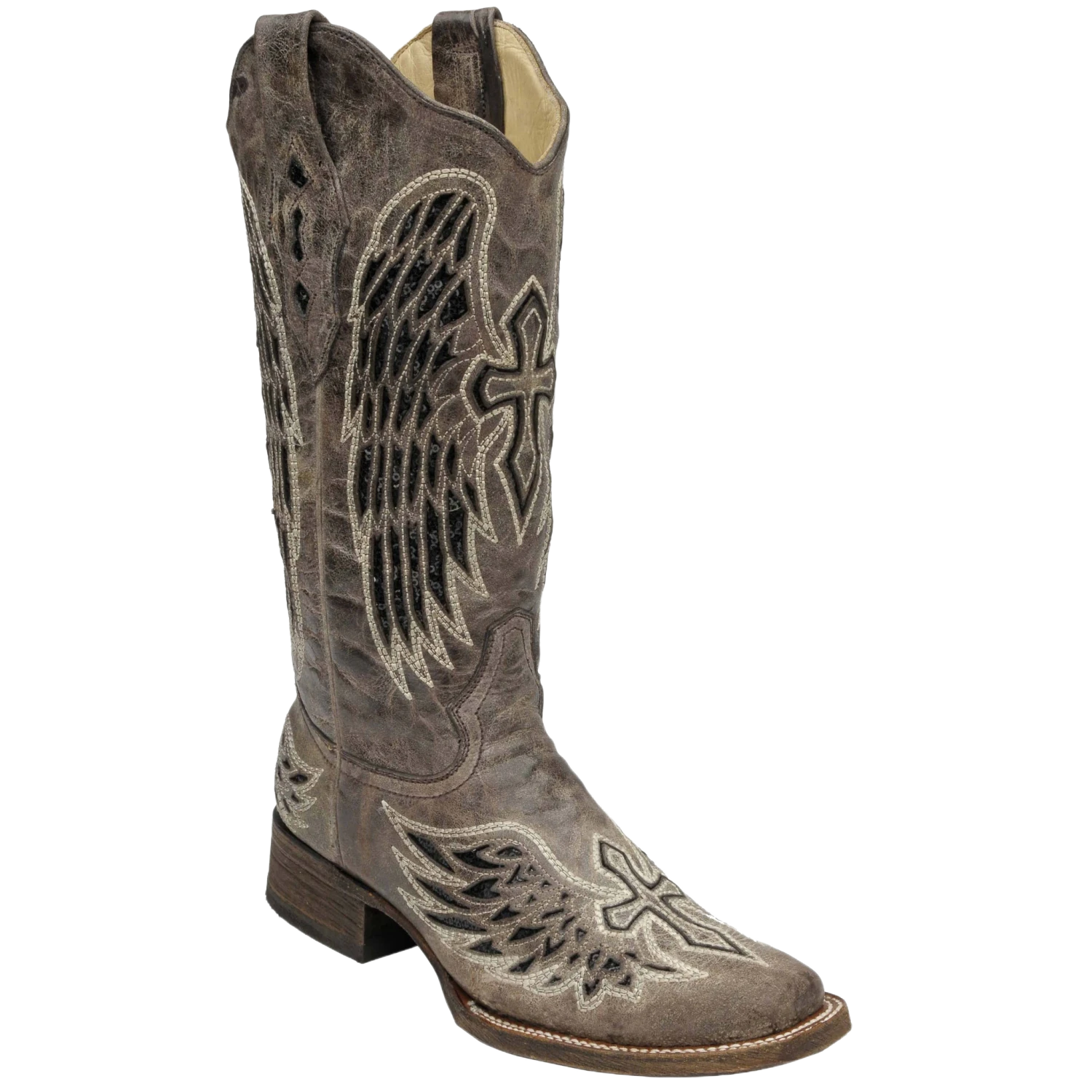 Corral Boots Corral Ladies Brown/Black Wing & Cross Sequence Square Toe Boots A1197 3 Corral Boots Corral Ladies Brown/Black Wing & Cross Sequence Square Toe Boots A1197