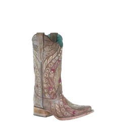 Corral Boots Corral Ladies Taupe Flowered Embroidery & Crystal Studs Boots E1520