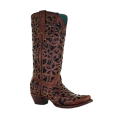 Corral Boots Corral Ladies Tan & Black Inlay, Embroidery & Stud Leather Boots A4083