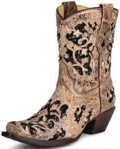 Corral Boots Lds Brown Inlay & Embr. & Studs & Crystals Ankle Boot - A4190