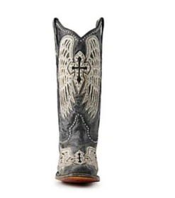 Corral Boots Black/White Cross & Wings Overlay & Embr. & Studs - T0136