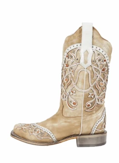 Corral Boots Lds White Overlay & Embr. & Studs SQ Toe - A4165