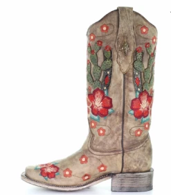 Corral Boots Ls Taupe Cactus Overlay & Flower Emb. Sq Toe - A3769