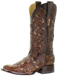 Corral Boots Corral Women's Square Toe Inlay Cowgirl Boot W/Studs & Embroidery - Brown