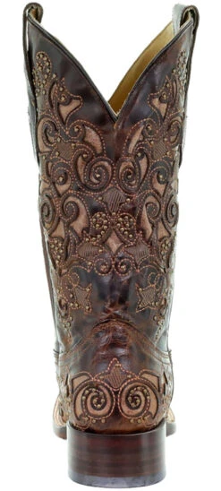 Corral Boots Corral Women's Square Toe Inlay Cowgirl Boot W/Studs & Embroidery - Brown -Corral Boots Store a3326 back 73455.1586576863