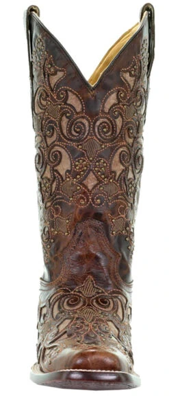 Corral Boots Corral Women's Square Toe Inlay Cowgirl Boot W/Studs & Embroidery - Brown -Corral Boots Store a3326 front 61264.1586576863