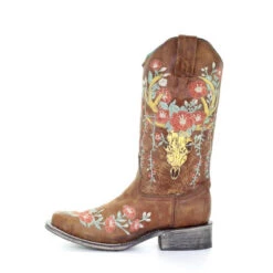 Corral Boots Corral Ladies Tan Deer Skull Overlay & Floral Embroidery Boots A3708 -Corral Boots Store a3708